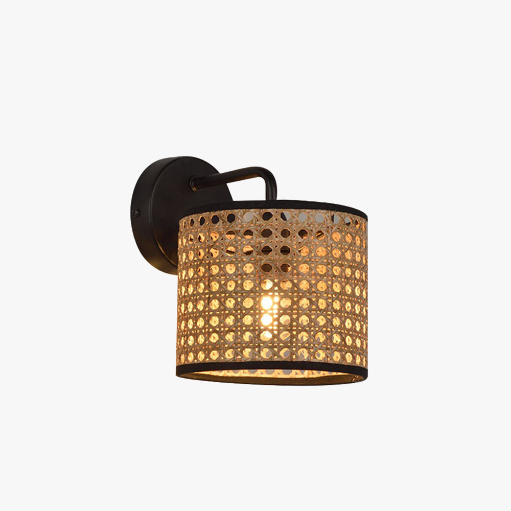 Rustic Cylindrical Wall Lamp With Rattan Shade And Metal Frame