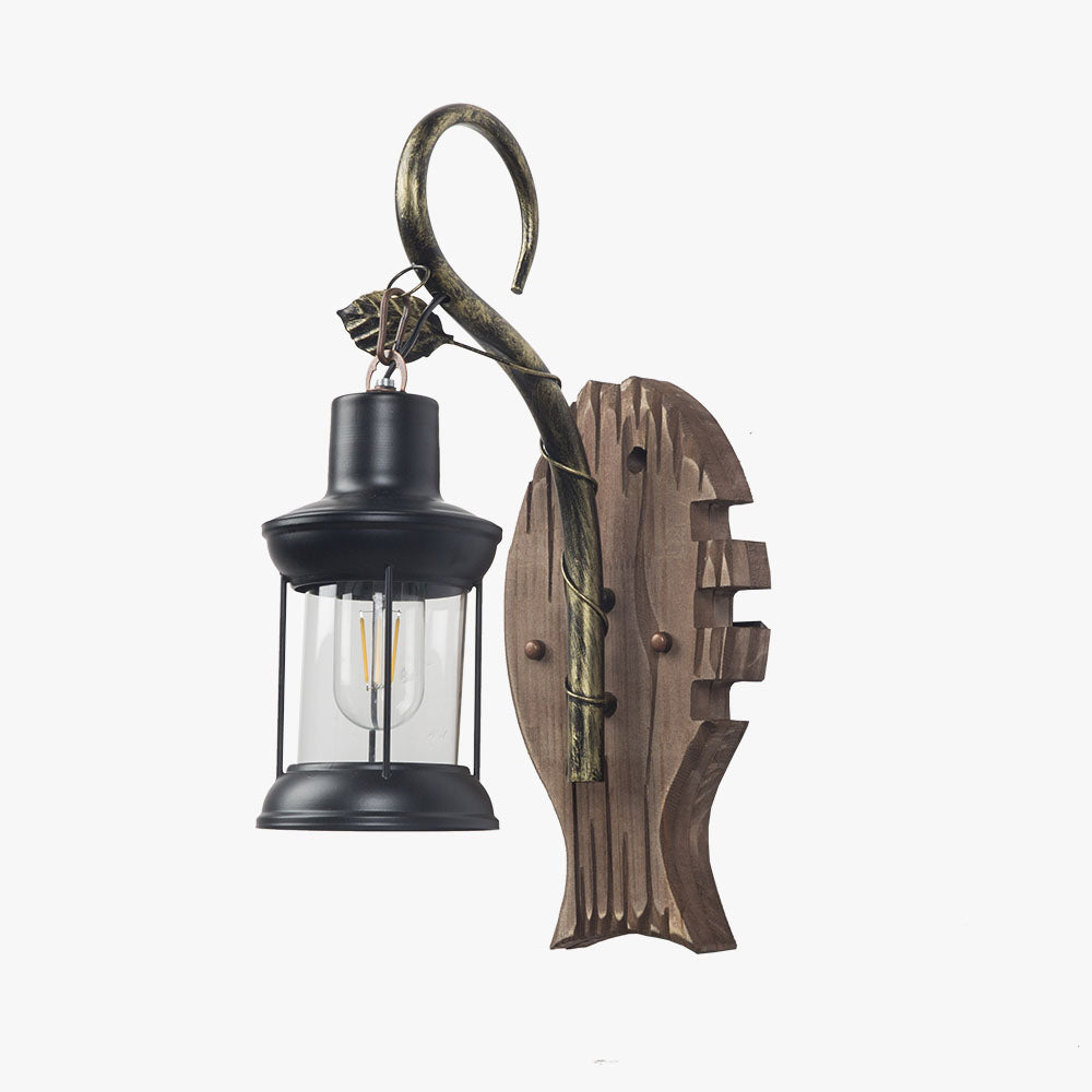 Fish Shape Vintage Wall Lamp Wood And Metal For Bedroom