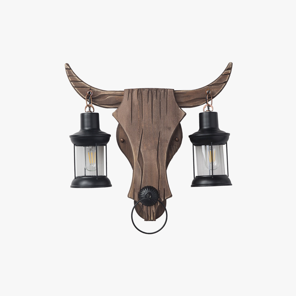 Vintage Bull Wall Lamp With Twin Heads In Wood And Metal