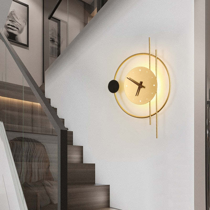 Warm Light Brass Accent Wall Clock Lamp In Black Finish