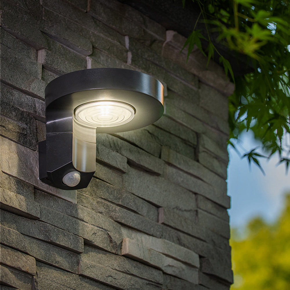 Solar Sensor Round Outdoor Wall Light IP65 Black Metal