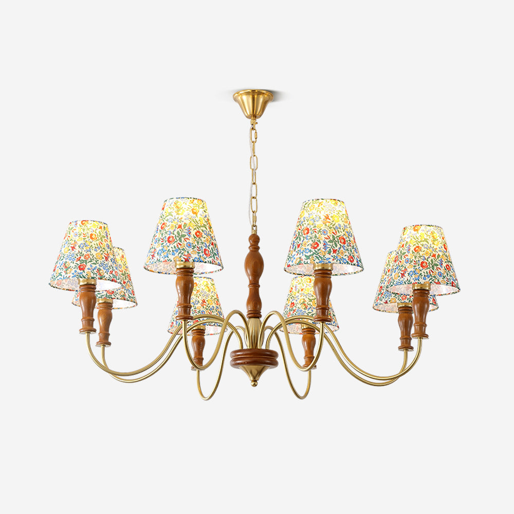 Floral Fabric Shade Chandelier With Turned Wood And Polished Metal