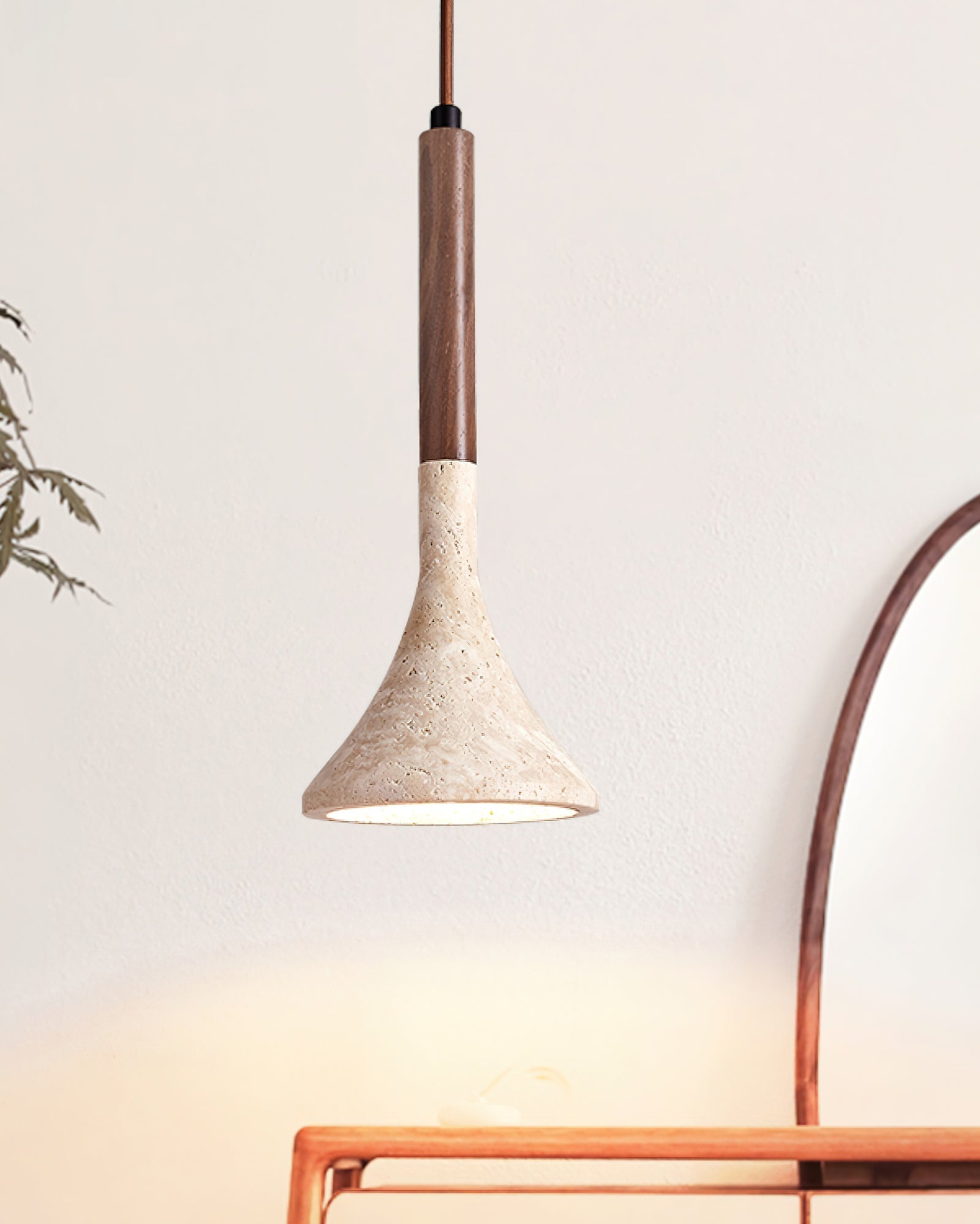 Travertine Pendant Light With Wood And Warm Glow