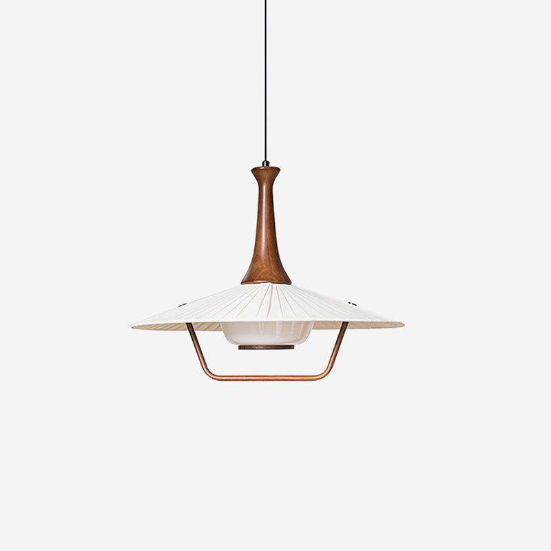 Mid-Century Wood and White Pendant Lamp With Fabric Shade