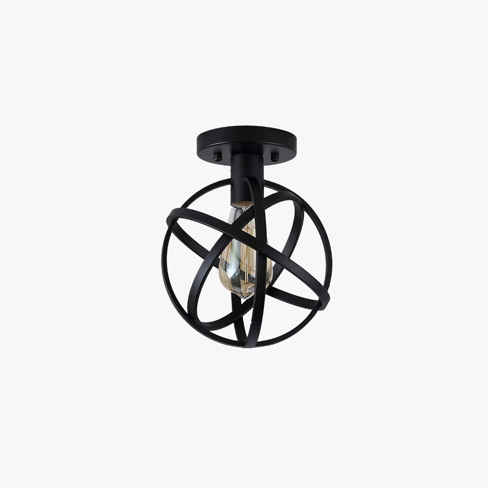 Retro Globe Lantern Black Metal Flush Mount Ceiling Light