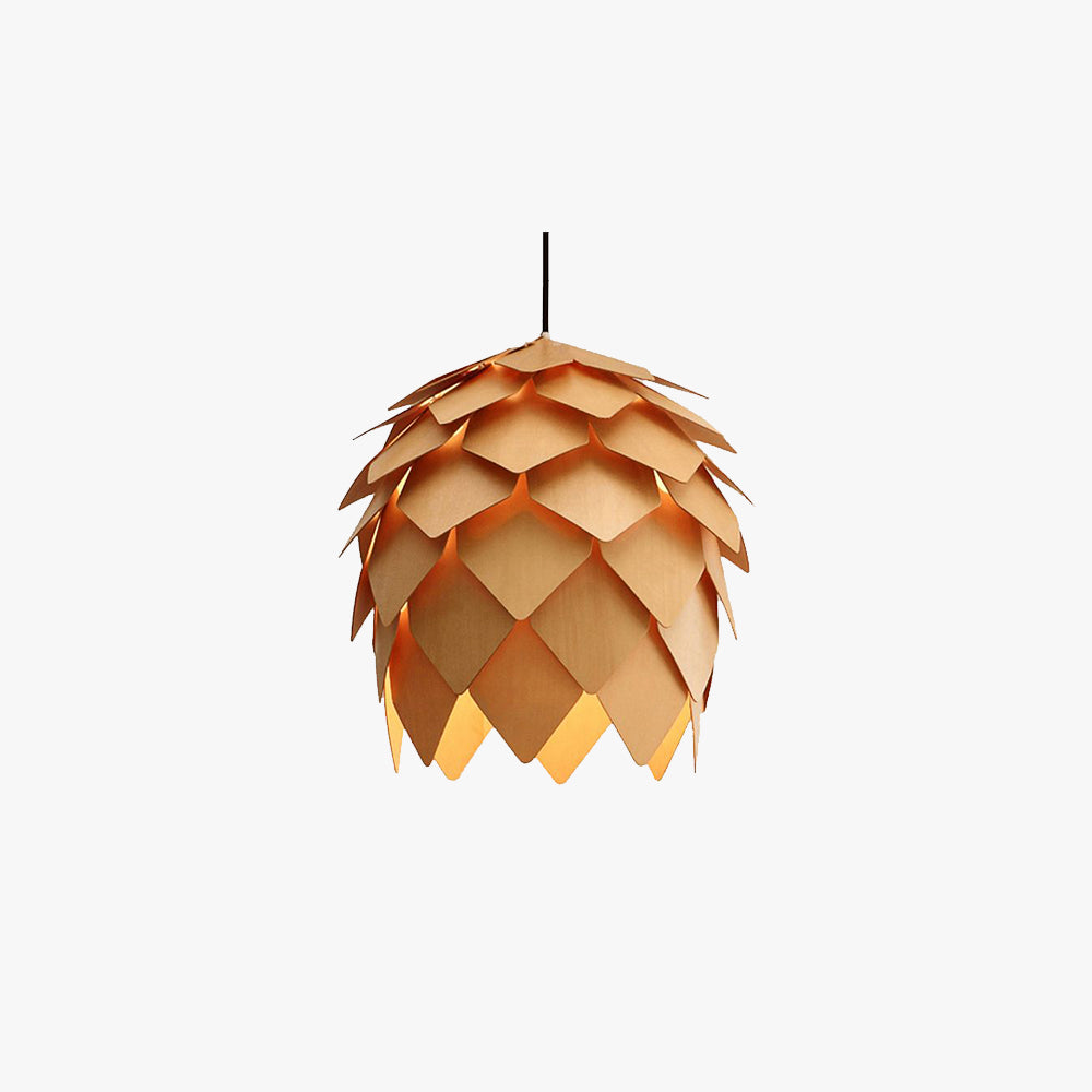 Pinecone Shaped Wooden Pendant Light With Warm Glow