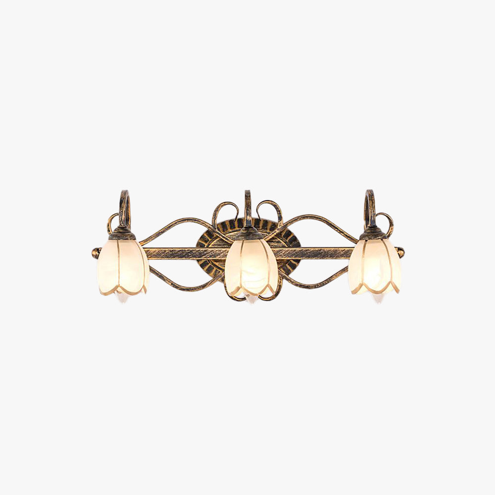 Antique Brass Vanity Wall Light With Floral Mirror Front