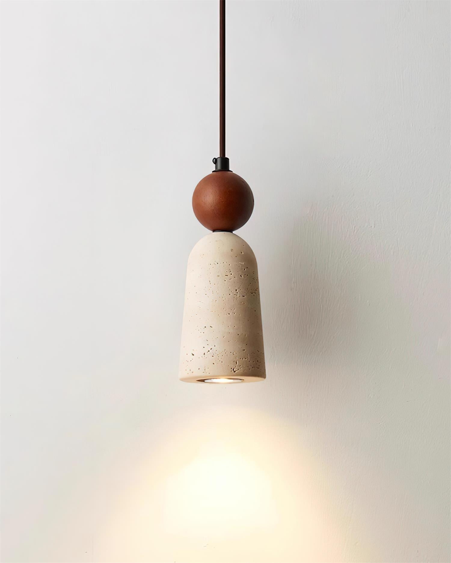 Travertine And Walnut Pendant Light With Warm Glow