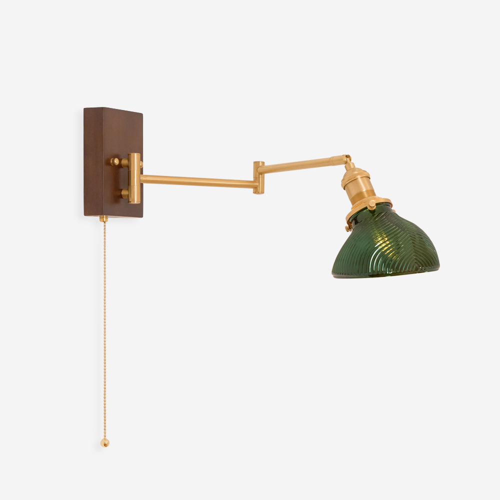 Brass Adjustable Swing Arm Wall Lamp With Green Glass Shade