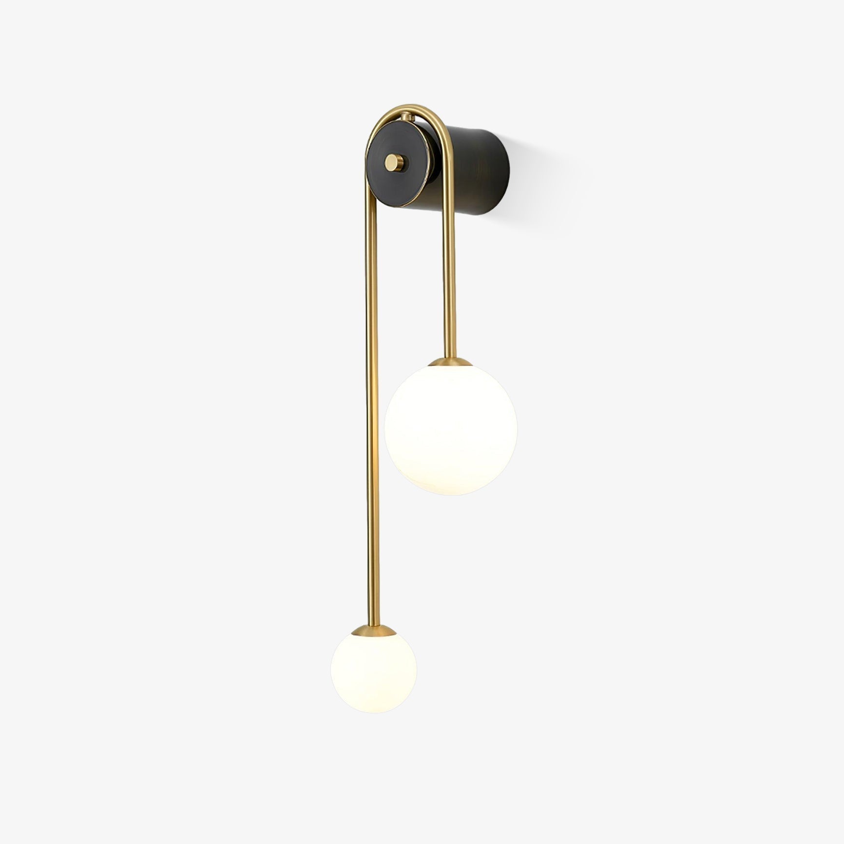 Brass Arc Wall Light With Dual White Glass Globes
