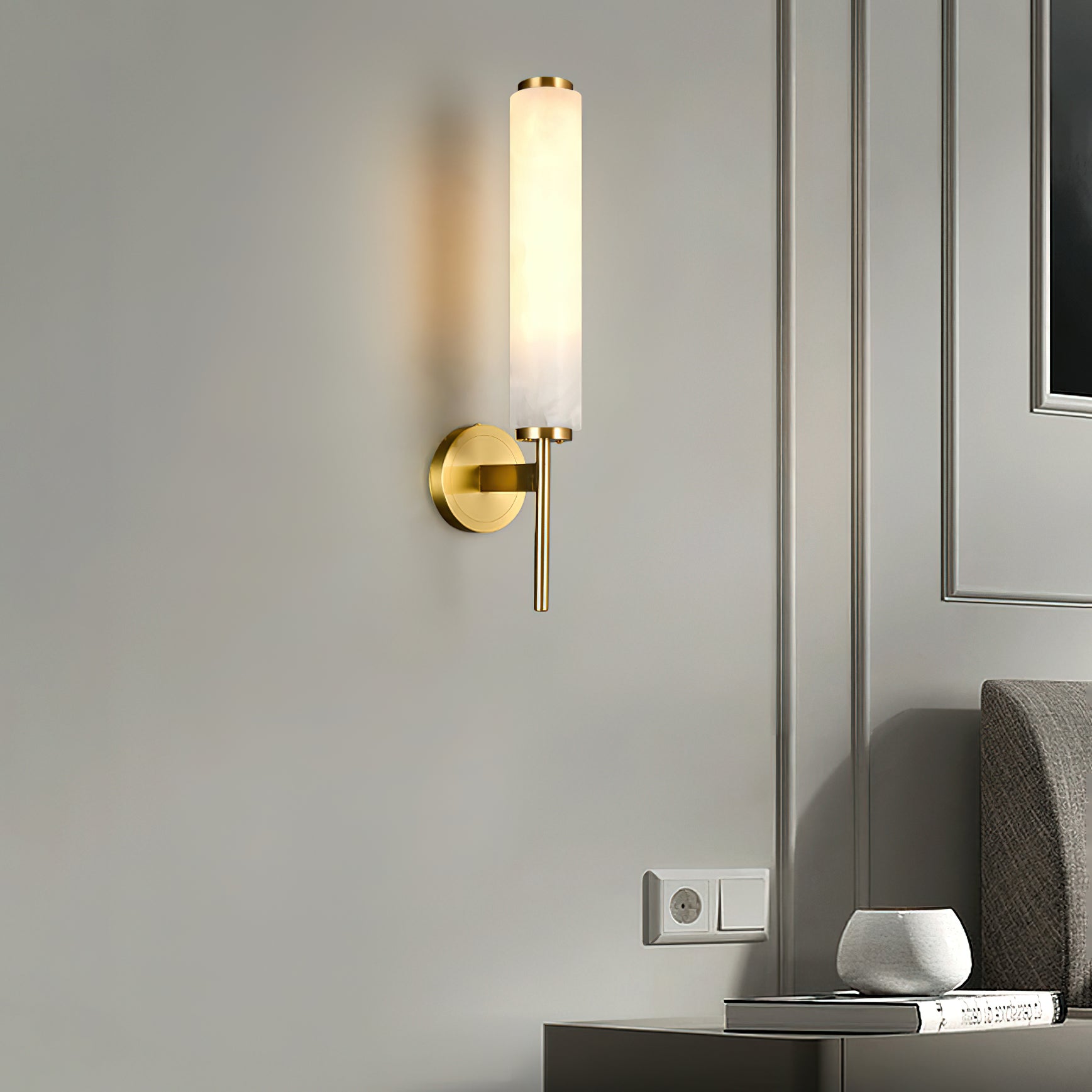 Brass Art Deco Wall Lamp With Round Backplate And Alabaster Shade