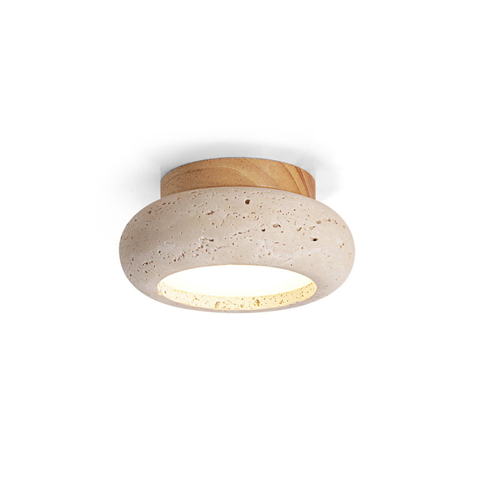 Travertine Ring Flush Ceiling Light With Wood Accent