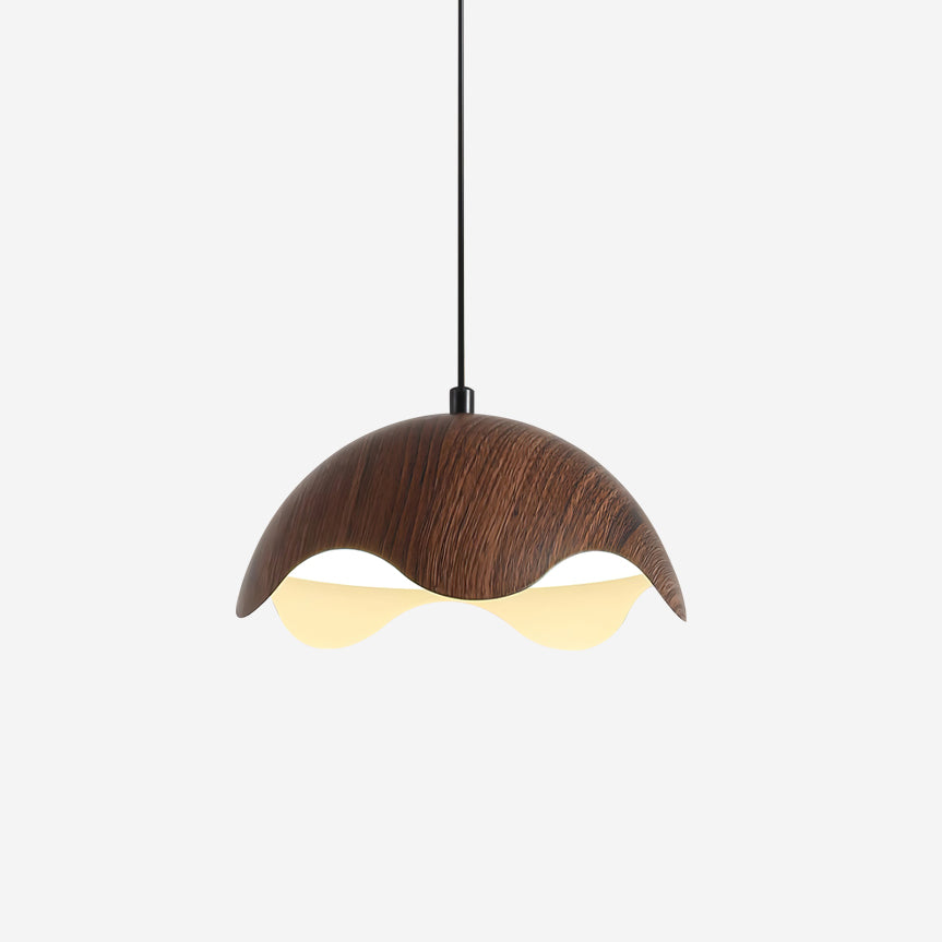 Wood Grain Pendant Lamp With Wave Metal Shade Ambient Glow
