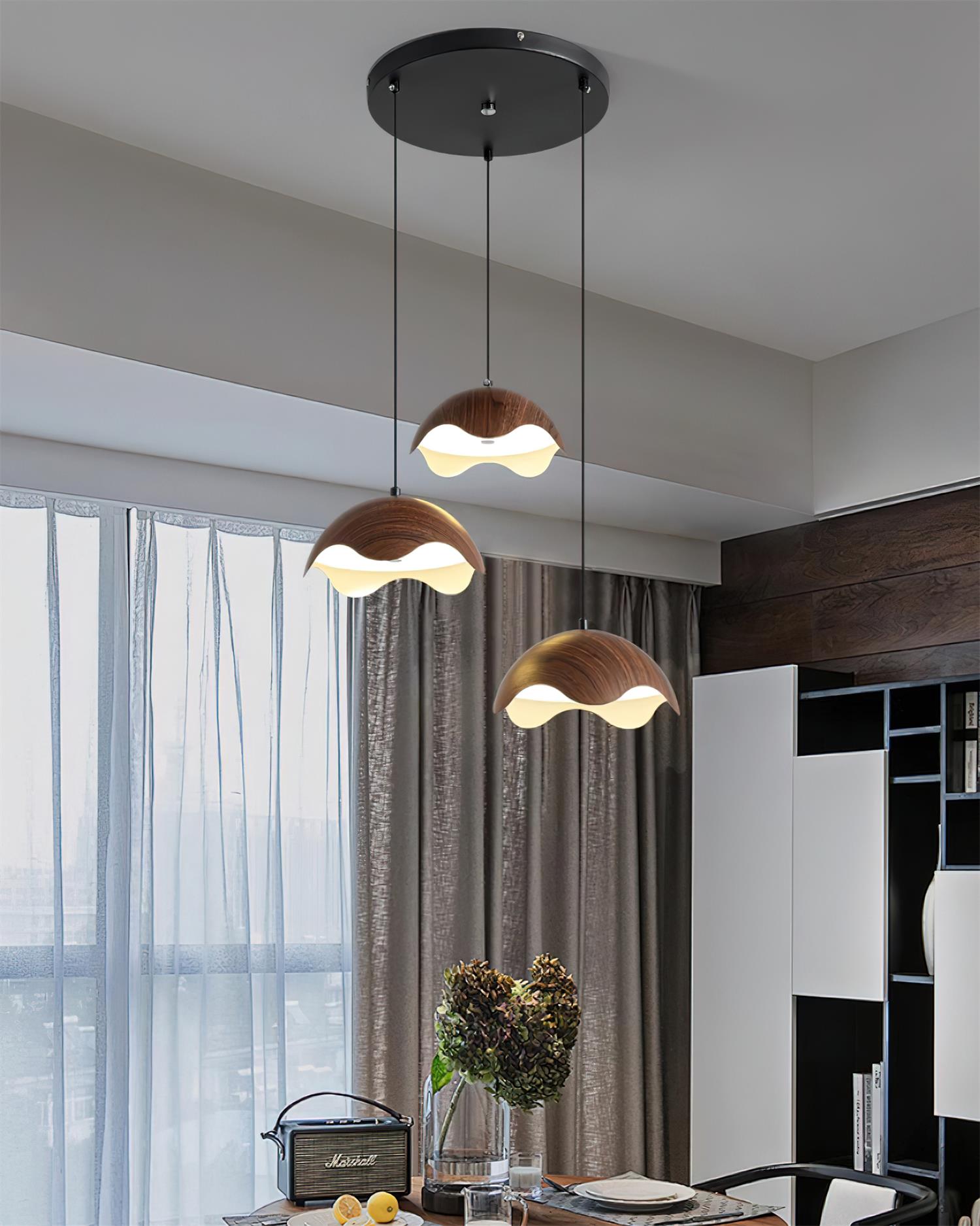 Wood Grain Pendant Lamp With Wave Metal Shade Ambient Glow