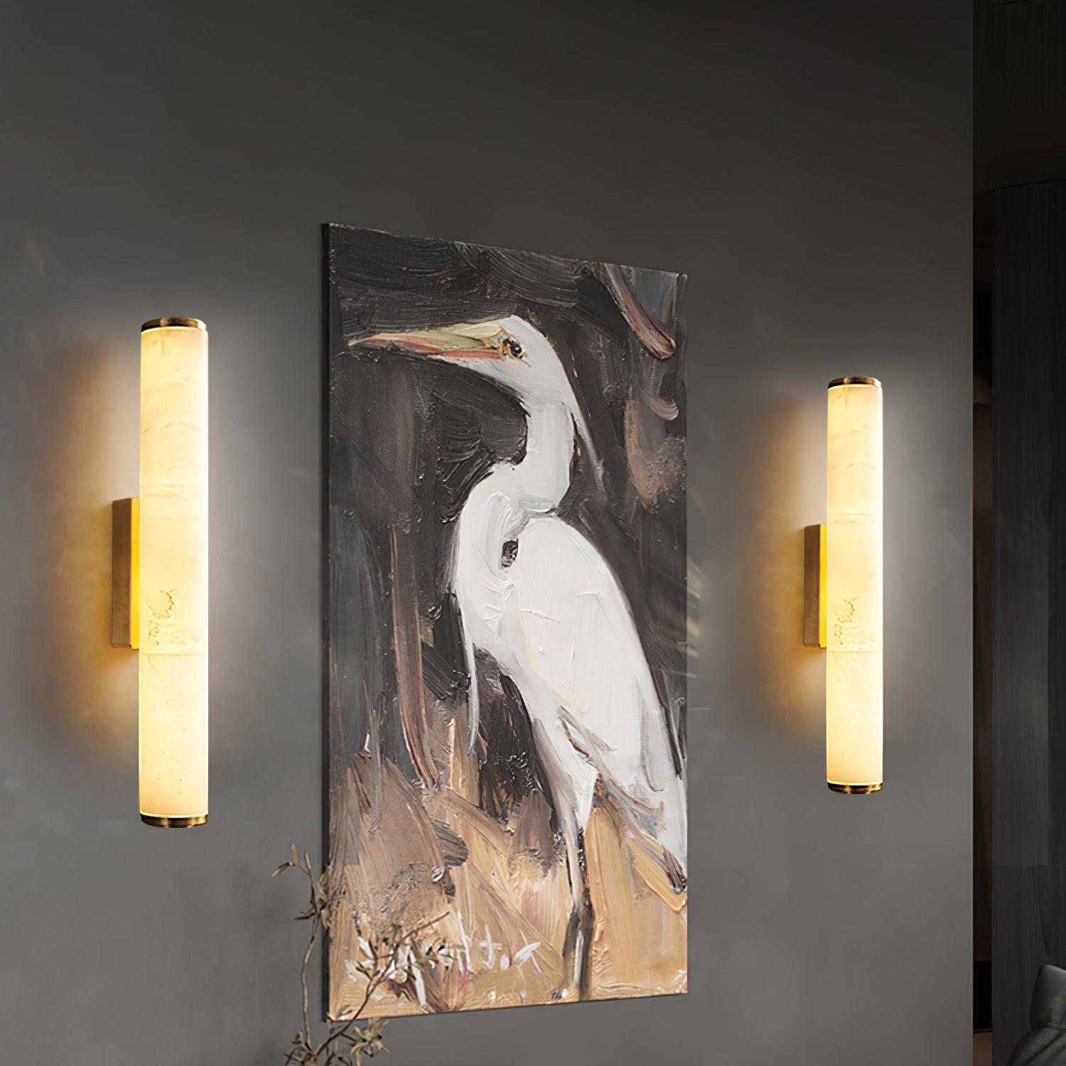 Alabaster Vertical Cylindrical Wall Lamp With Brass Frame