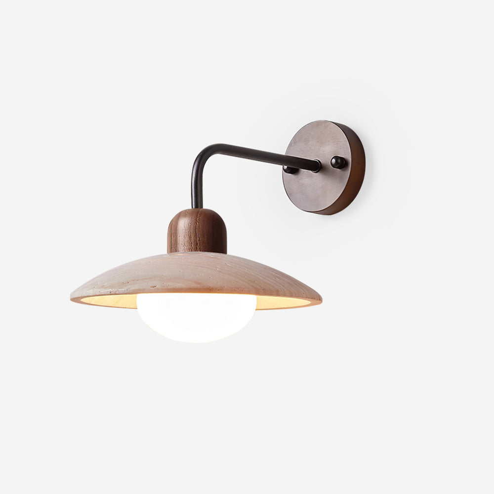 Vintage Travertine Wall Lamp With Brushed Brass Arm And Wood Accent