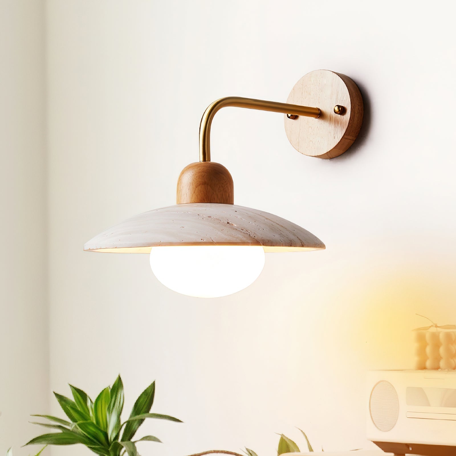 Vintage Travertine Wall Lamp With Brushed Brass Arm And Wood Accent