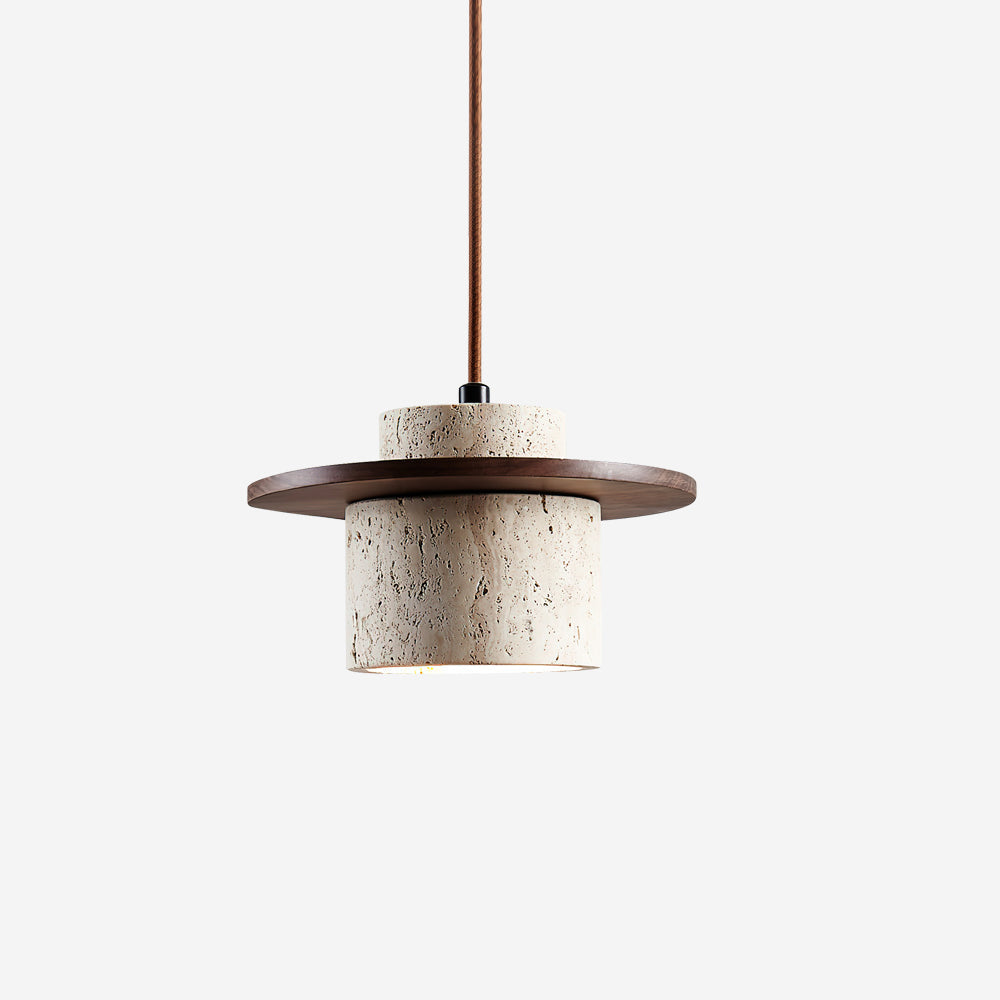 Natural Travertine Wood Pendant Light With Cylinder Shade
