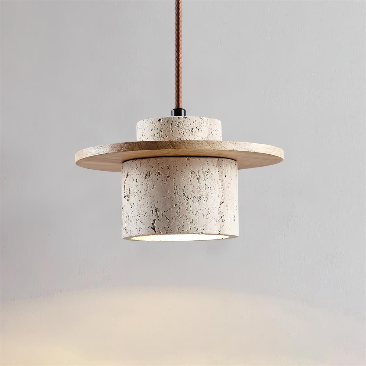 Pendant Lamp With Travertine Shade And Walnut Disc Artisanal