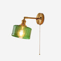 Brass Wall Light With Green And Clear Glass Shade And Pull Chain