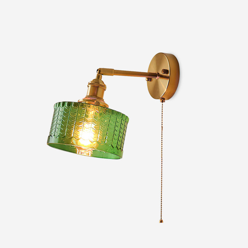 Brass Wall Light With Green And Clear Glass Shade And Pull Chain