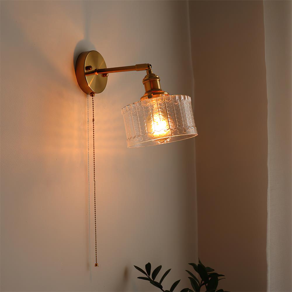 Brass Wall Light With Green And Clear Glass Shade And Pull Chain