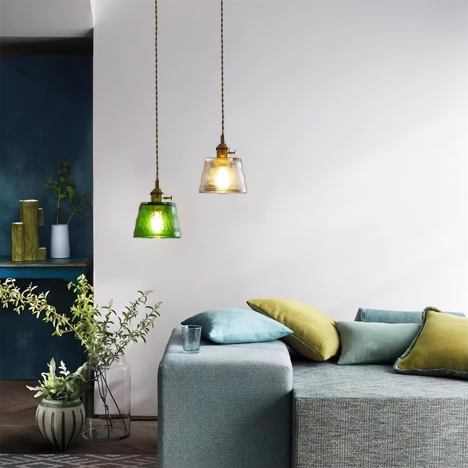 Brass Glass Pendant Lamp With Textured Shade
