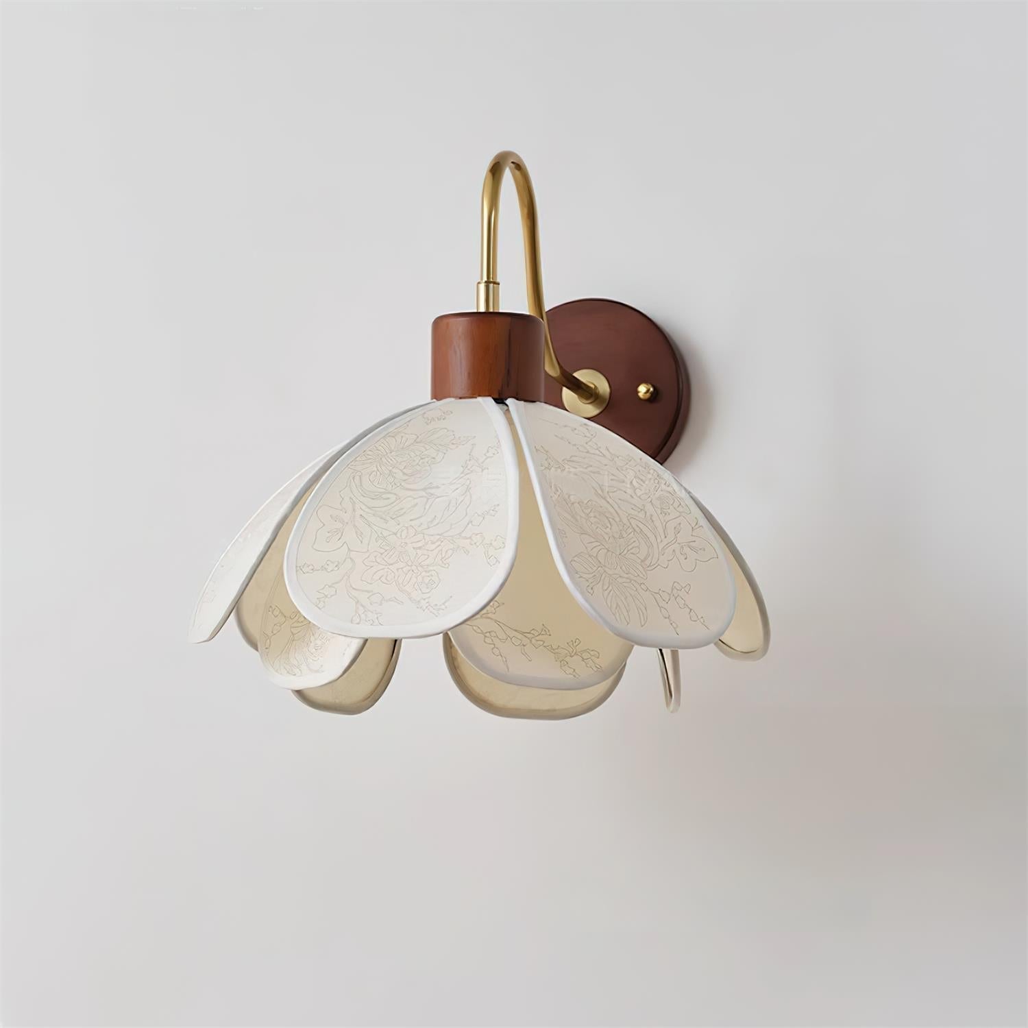 Vintage Floral Wood Wall Lamp With Brass Arm