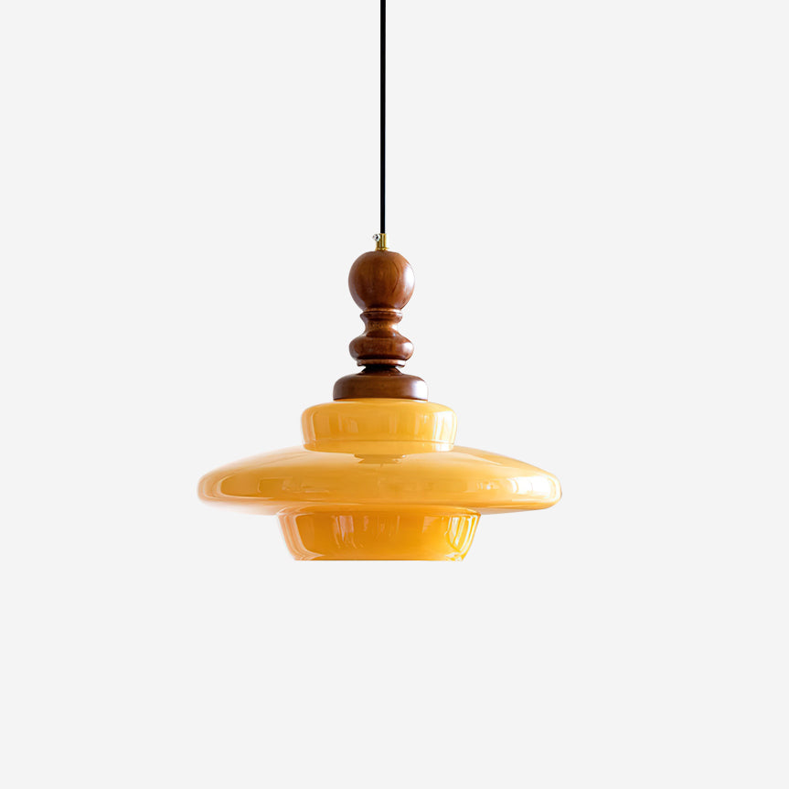 Retro Pendant Light With Yellow Glass And Walnut Accent