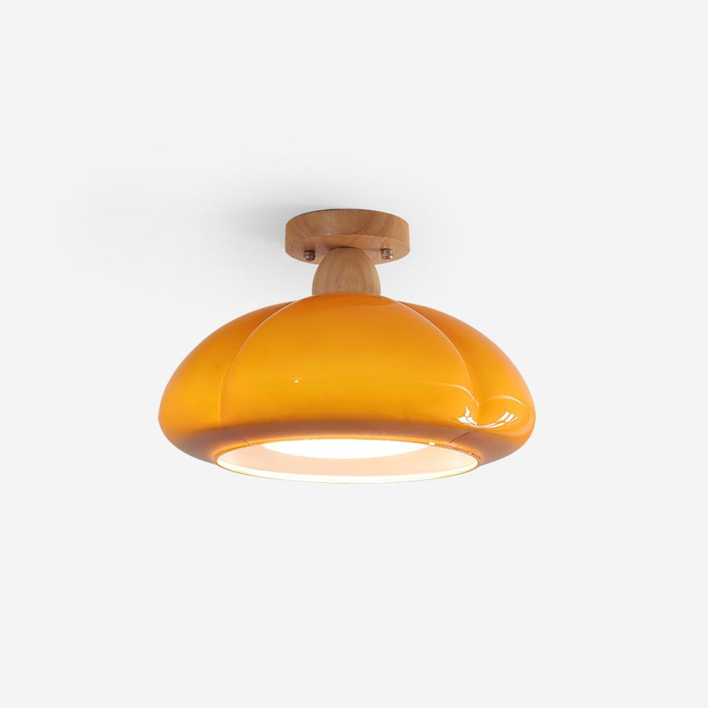Amber Glass And Rubber Wood Semi Flush Ceiling Light Damp Rated