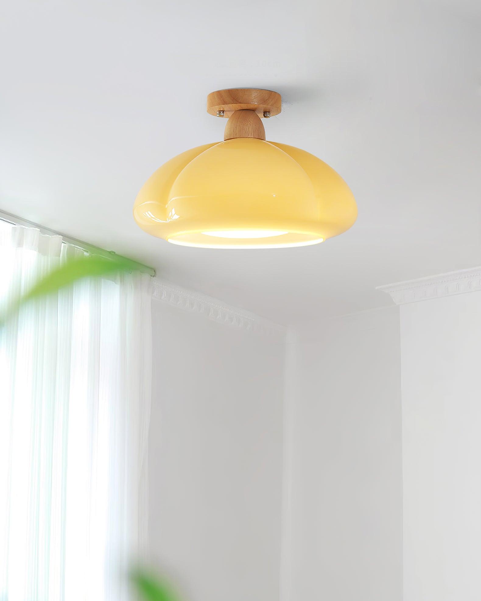 Amber Glass And Rubber Wood Semi Flush Ceiling Light Damp Rated