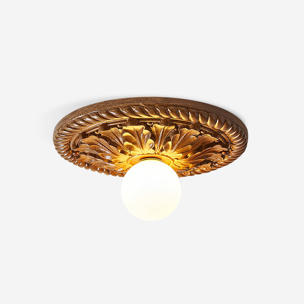 Ornate Antique Gold Ceiling Light With Opal Glass Globe