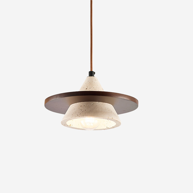 Travertine Stone Pendant Light With Wooden Disc Diffuser