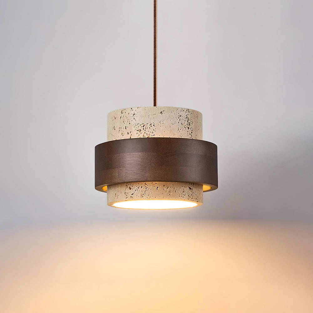 Travertine Pendant Light With Walnut Band Warmth