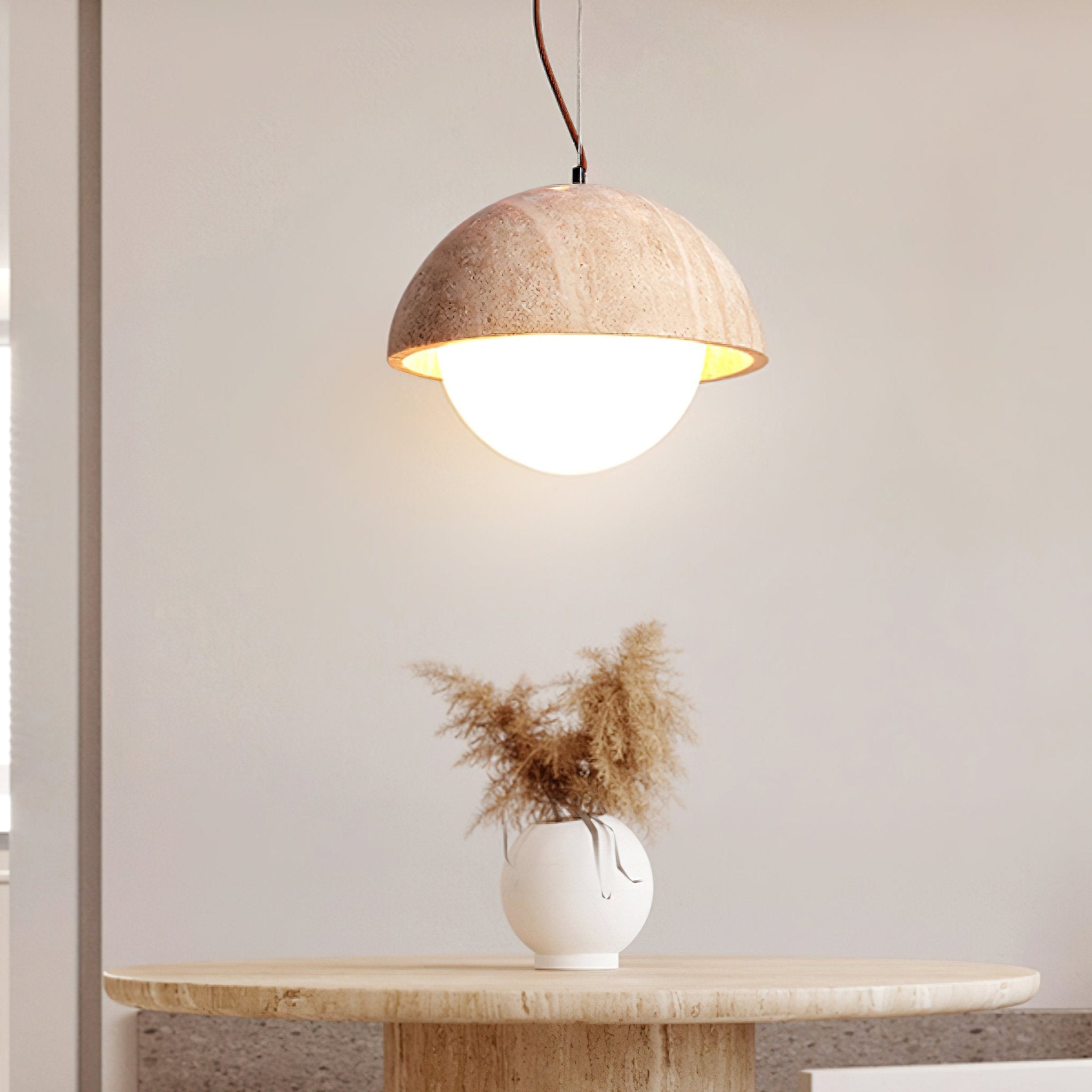 Dome Yellow Travertine Pendant Light With Warm Glow