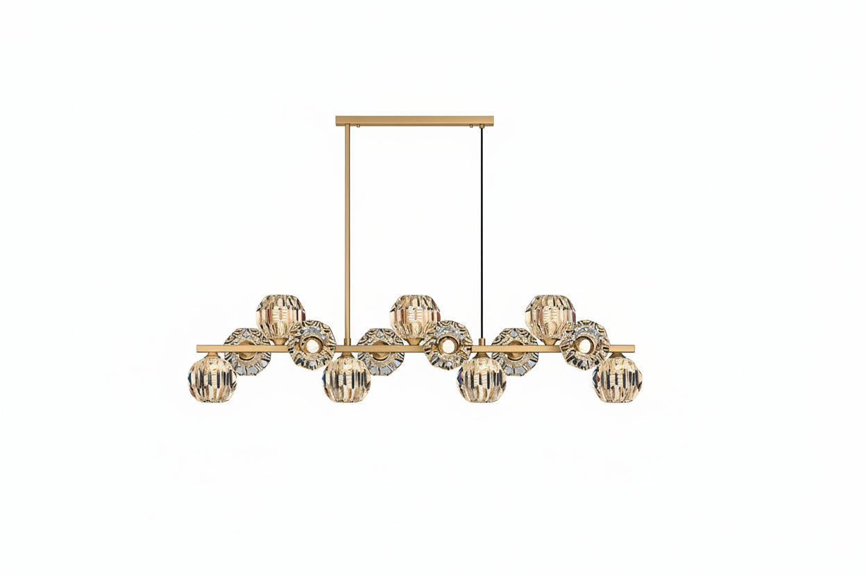 Brass Linear LED Pendant Light With Crystal Globes