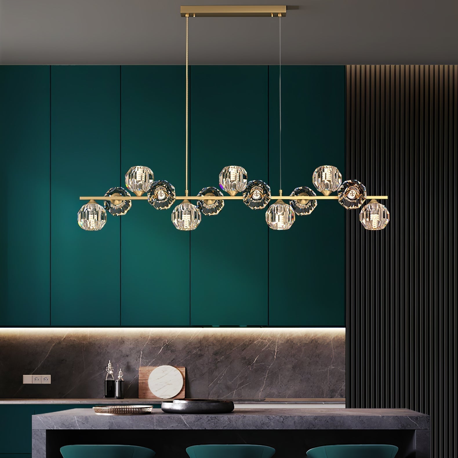 Brass Linear LED Pendant Light With Crystal Globes