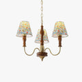 Floral Fabric Shade Chandelier With Turned Wood And Polished Metal