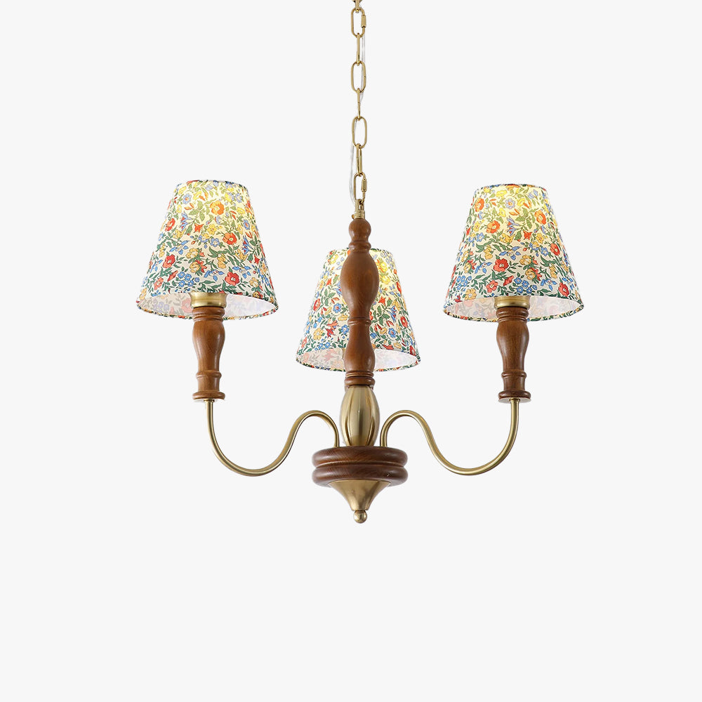 Floral Fabric Shade Chandelier With Turned Wood And Polished Metal