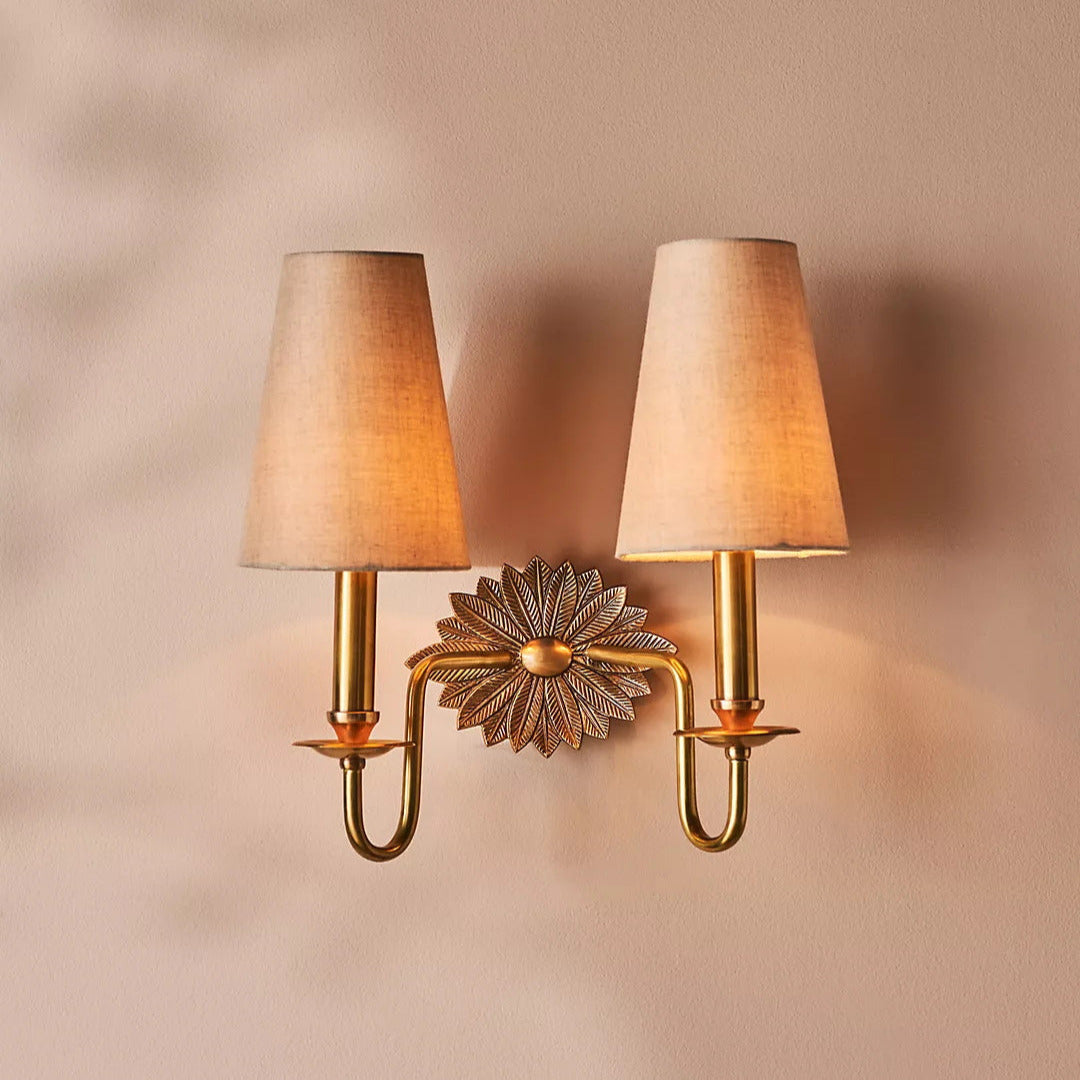 Violet Floral Wall Lamp With Brass Backplate Fabric Shade