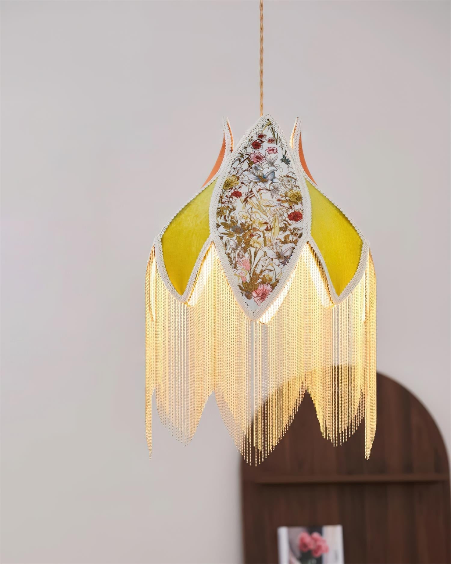 Gold Accented Bohemian Pendant Lamp With Floral Shade