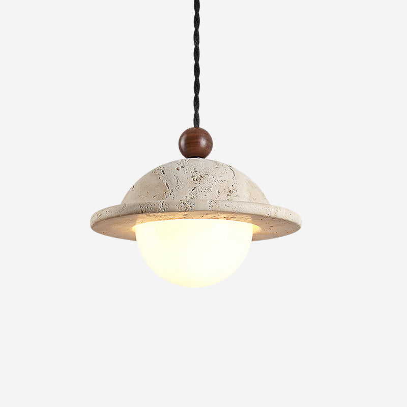 Travertine Dome Donut Pendant Light With Walnut Accent