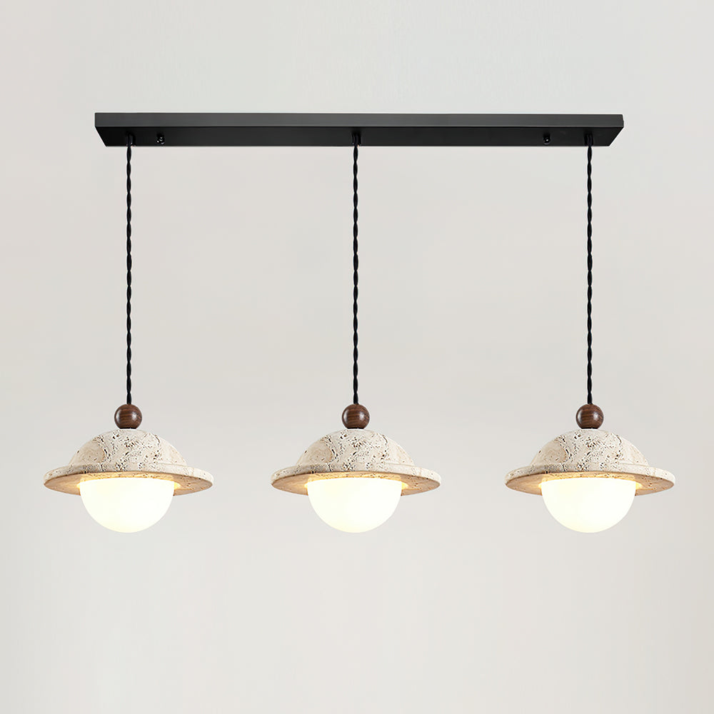 Travertine Dome Donut Pendant Light With Walnut Accent