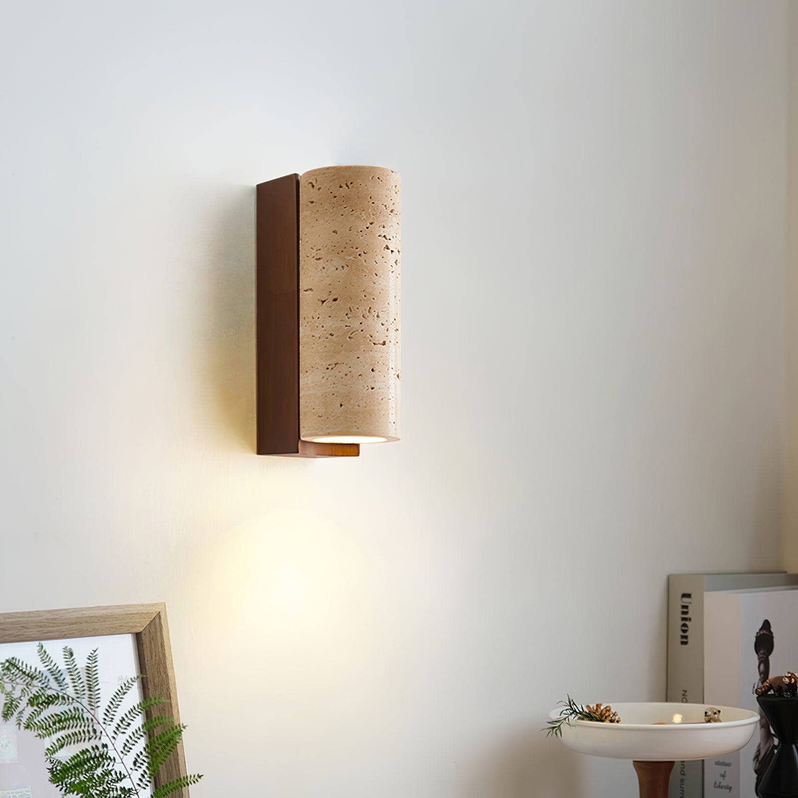 Curved Travertine Wall Lamp With Wood Accents