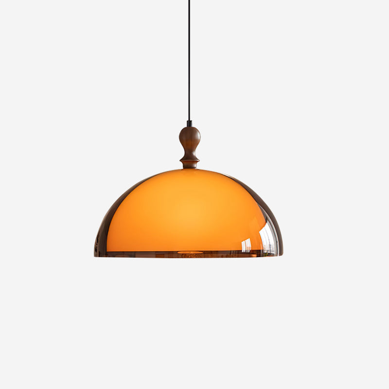 Walnut Wood Amber Glass Dome Pendant Lamp With Warm Glow