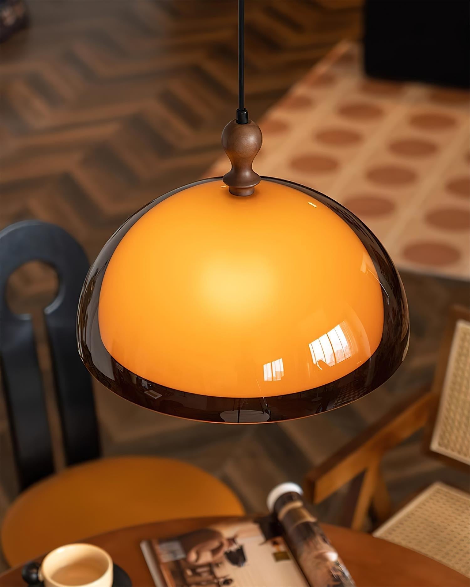 Walnut Wood Amber Glass Dome Pendant Lamp With Warm Glow
