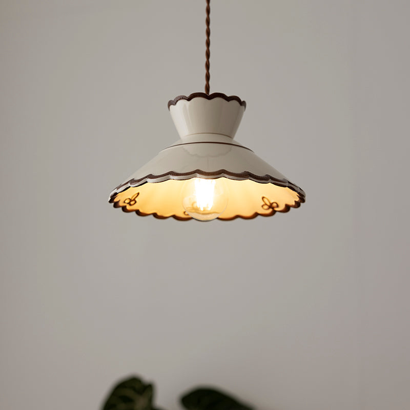 Vintage Cream Ceramic Pendant Light With Scallop Shade