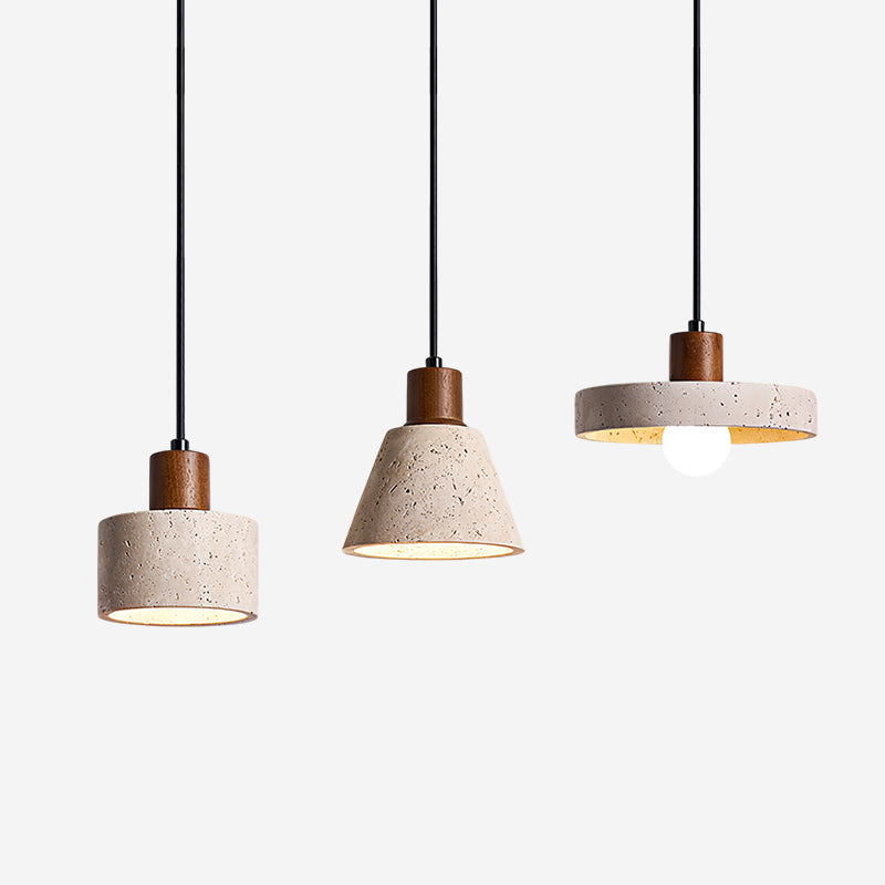 Travertine Pendant Light With Walnut Wood Cluster
