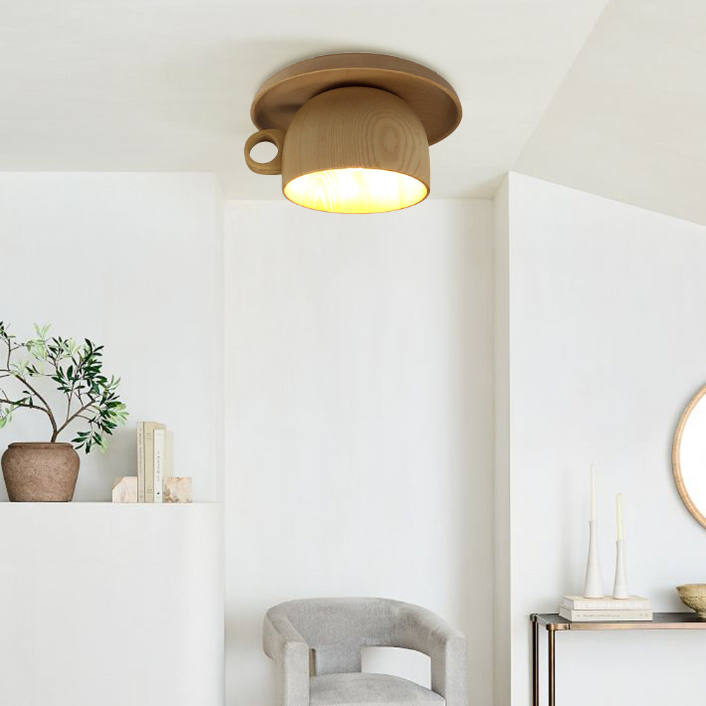 Contemporary Wood Cup Flush Mount Ceiling Light For Bedroom