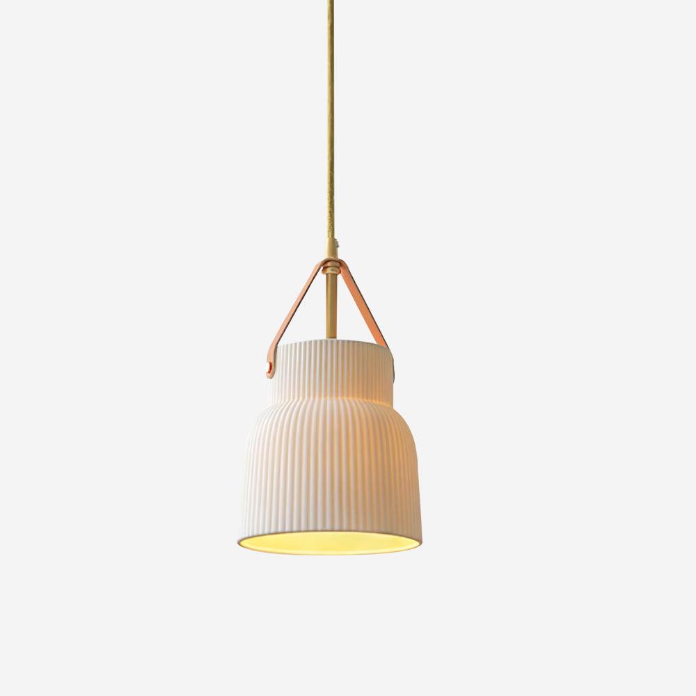 Suspension Ceramique Cotelée Avec Sangle Cuir Et Laiton Éclairage Moderne